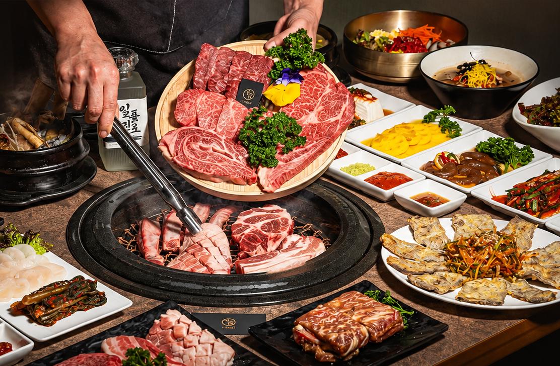 선릉도담 앞치마를 입은 직원이 불판 위에서 한우를 구워 드리는 모습